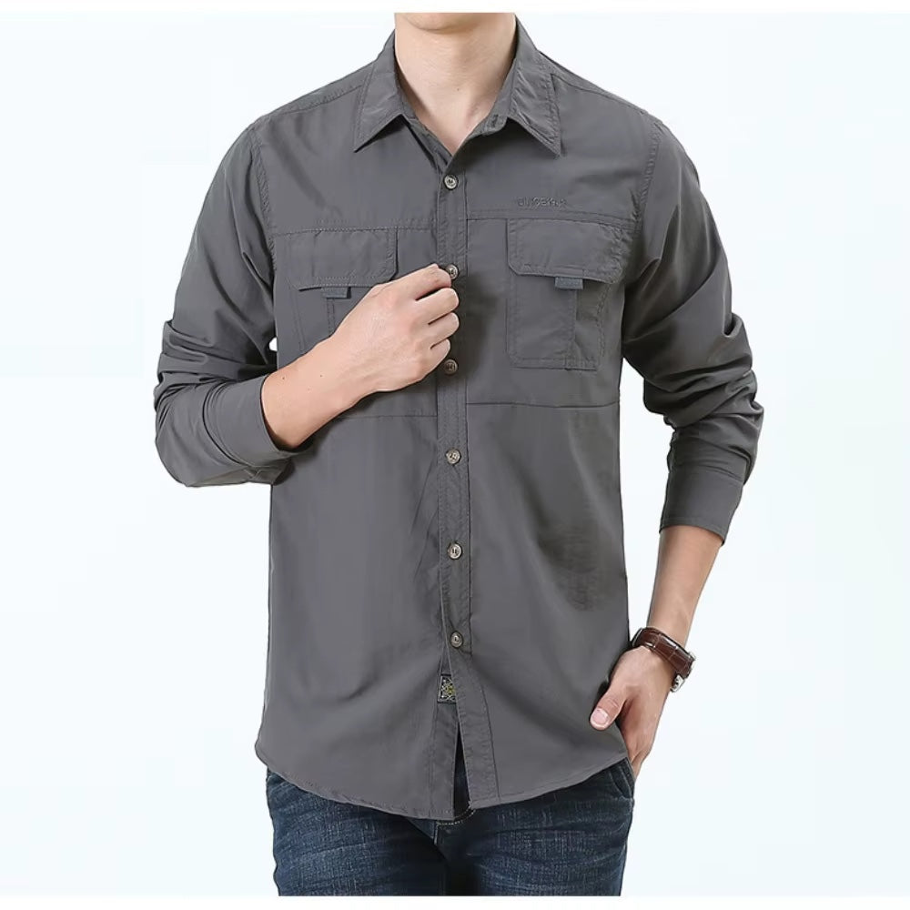 Utility men's quick-dry tactical shirt. Button-up, rugged design for outdoor, travel, and adventure.