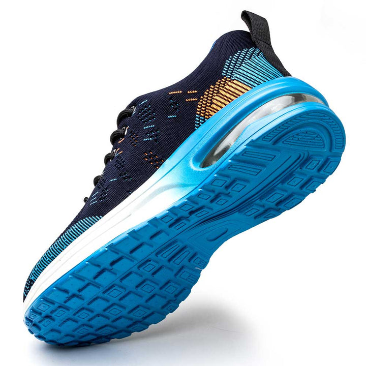 Men's blue anti-slip steel toe work sneakers, ensuring secure footing & reliable protection in demanding jobs.