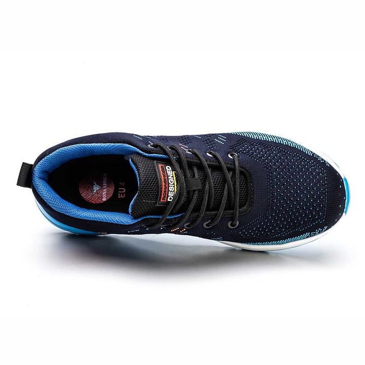 Stylish men's blue steel toe work sneakers with durable anti-slip sole, perfect for active industrial use.