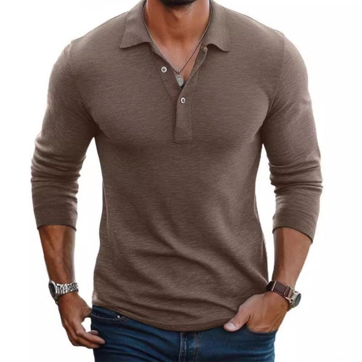 Men's satin-smooth slim fit long sleeve polo shirt, perfect for versatile casual & business casual wear.