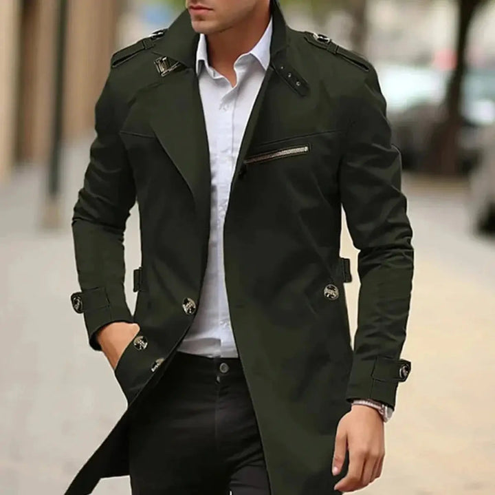 Versatile men's slim-fit trench coat with belt. Essential spring/fall outerwear for a smart-casual or office look.