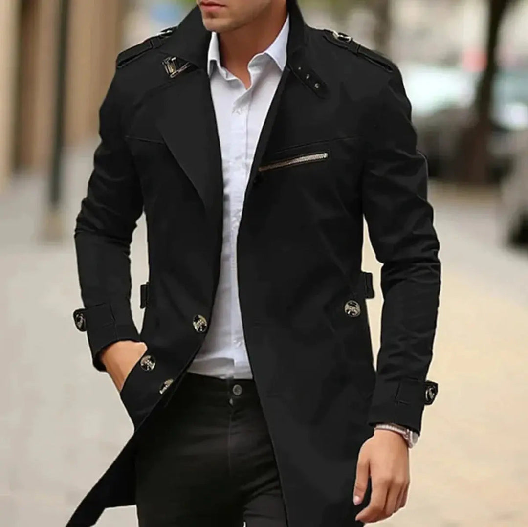 Sleek men's slim-fit belted trench coat. Modern, sharp outerwear for sophisticated city fashion. Spring/fall jacket.