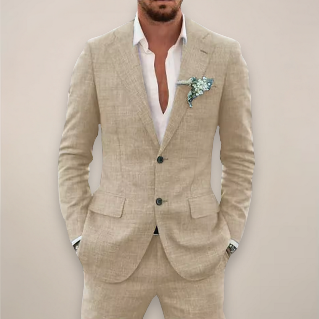 Classic men's tailored two-piece suit with a modern fit, suitable for formal events & smart casual occasions.