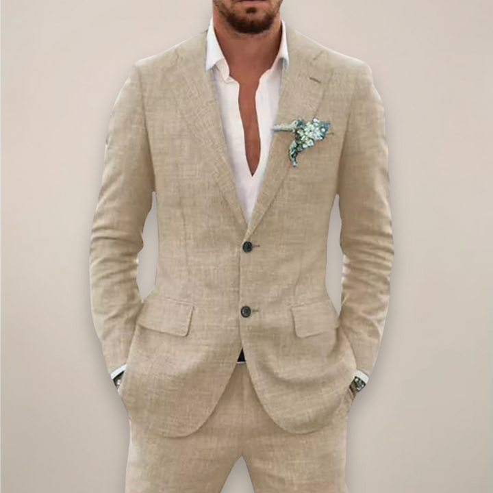 Classic men's tailored two-piece suit with a modern fit, suitable for formal events & smart casual occasions.