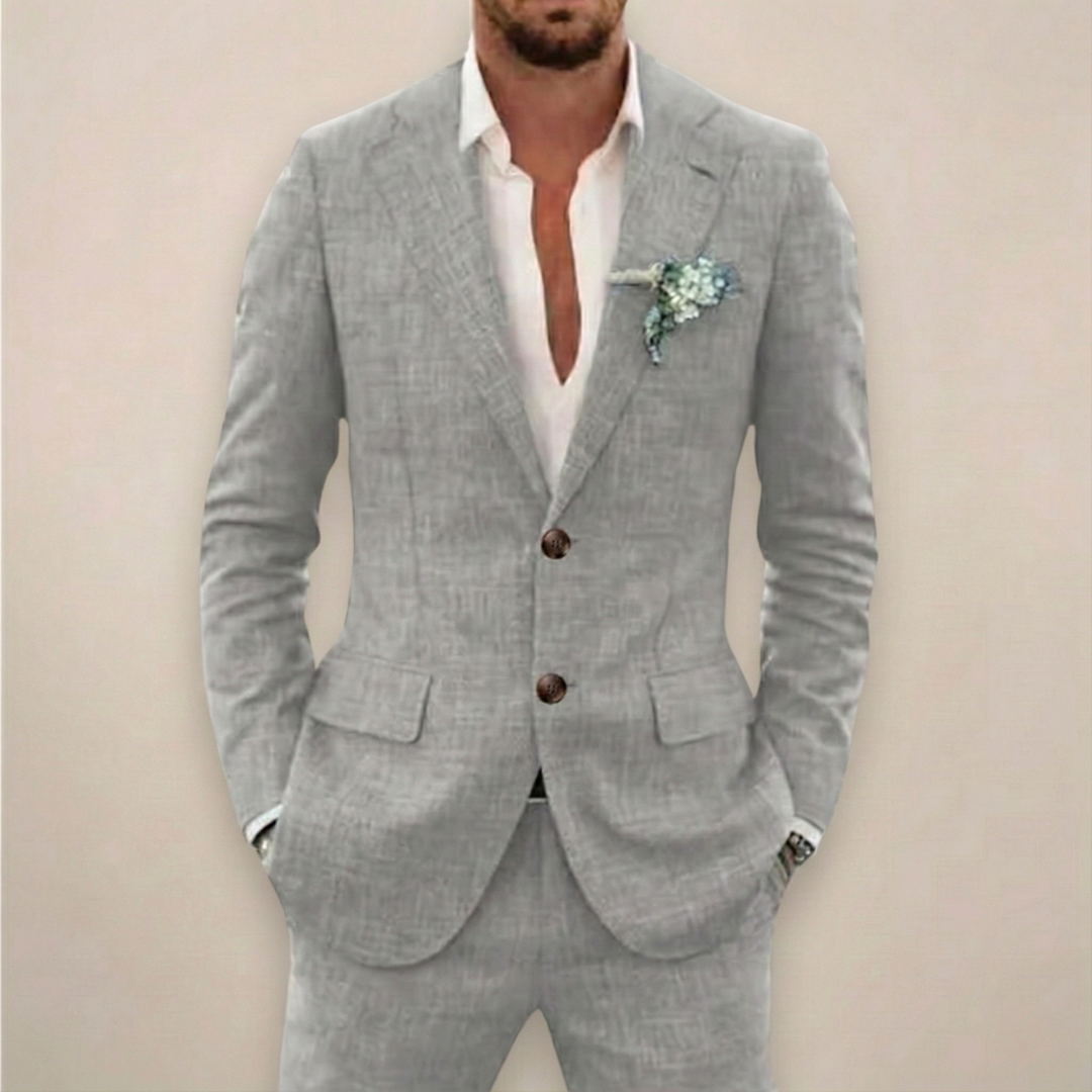 Sophisticated men's two-piece suit, expertly tailored for a sharp, professional look. Business & wedding ready.