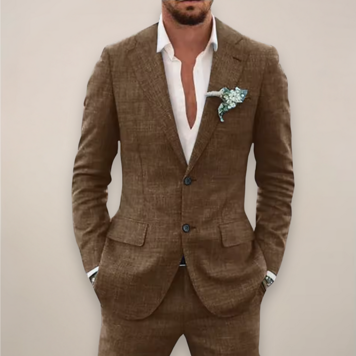Men's tailored two-piece wedding suit, a sharp and elegant choice for grooms or formal party guests.