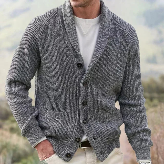 Classic men's shawl collar cardigan, a versatile knit sweater for timeless style & comfort. Perfect for fall.