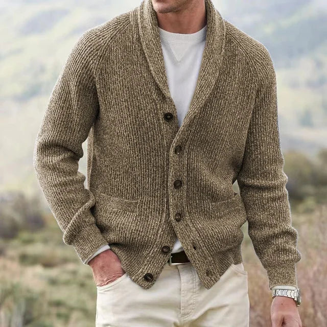 Cozy knit men's cardigan with elegant shawl collar & button front. Ideal for winter fashion & layering.
