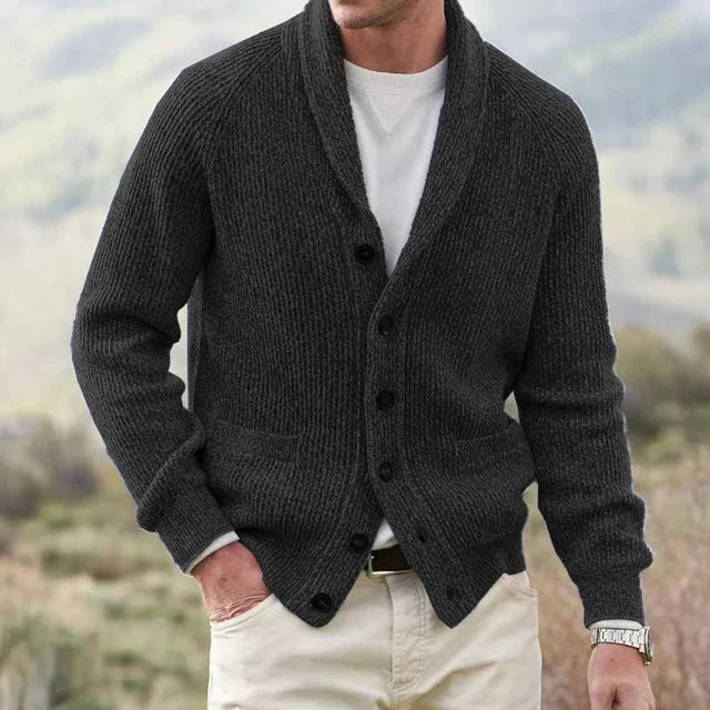 Timeless men's shawl collar cardigan sweater, a stylish and comfortable layering piece for any occasion.