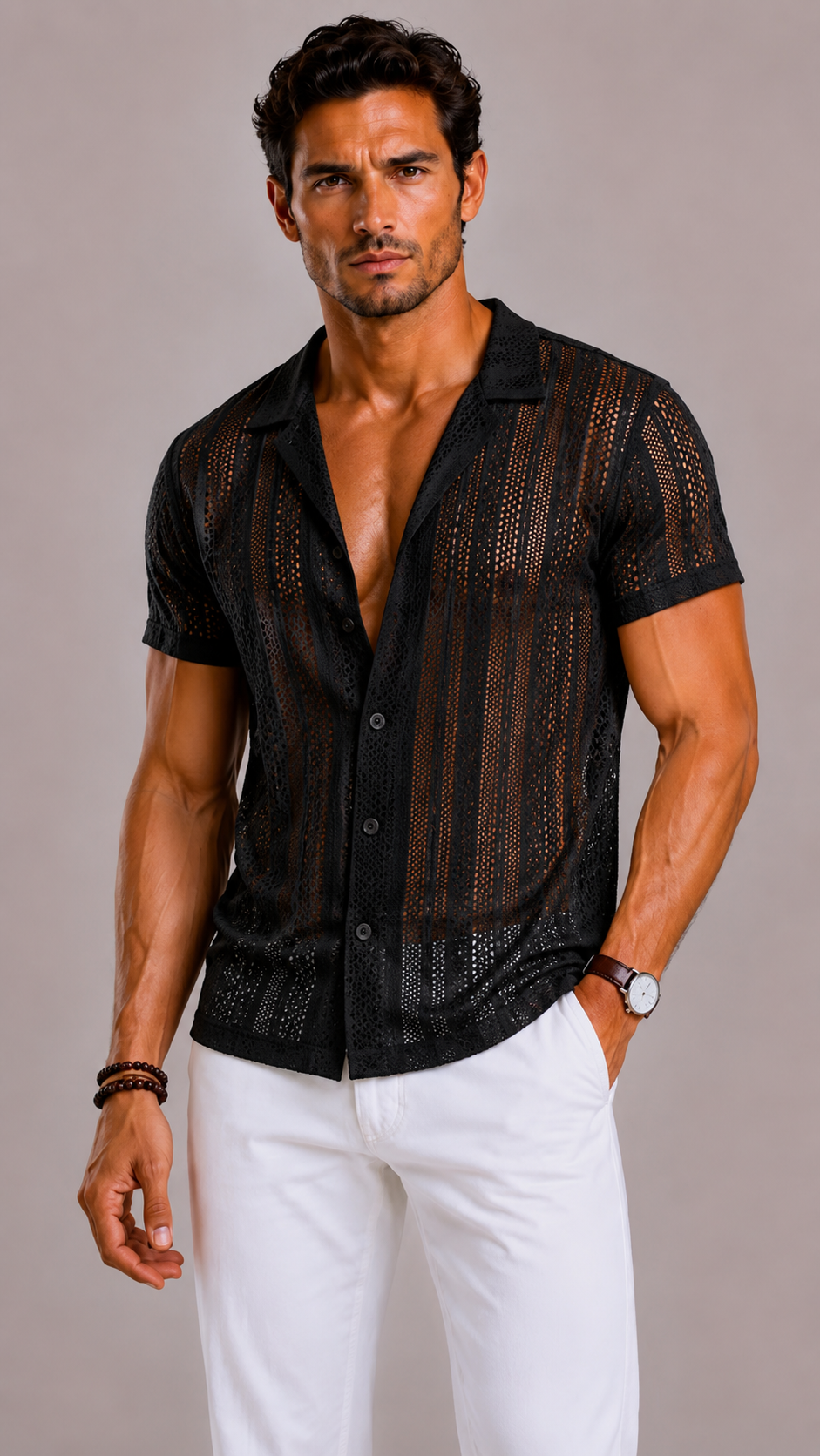 Men's sheer short-sleeve summer shirt with round neck, ideal for casual wear & festivals. Breathable & modern.