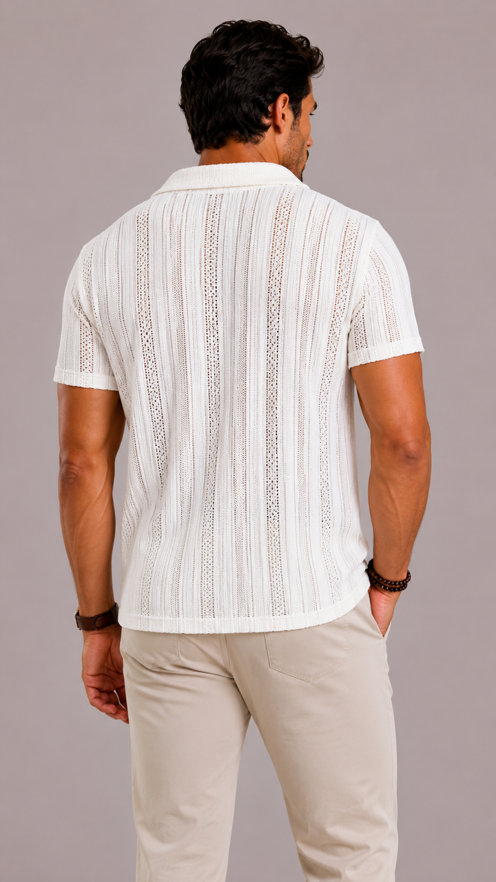 Stylish men's sheer short-sleeve summer shirt, perfect festival wear. Lightweight, breathable, modern round neck.