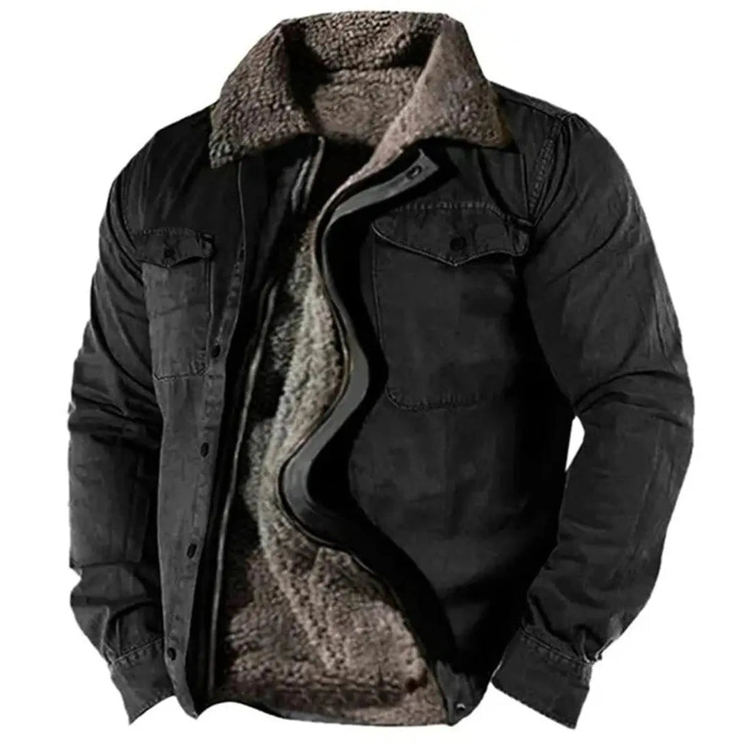 Men's Sherpa-lined Western shirt jacket in dark denim, warm and rugged for autumn and winter outdoor wear.