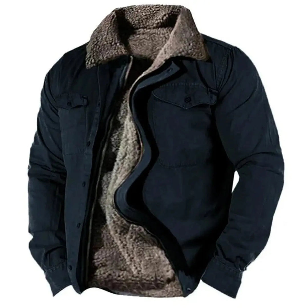 Rugged men's Sherpa-lined Western shirt jacket. Ideal warm layering for casual autumn/winter outdoor style.