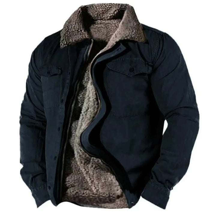 Rugged men's Sherpa-lined Western shirt jacket. Ideal warm layering for casual autumn/winter outdoor style.