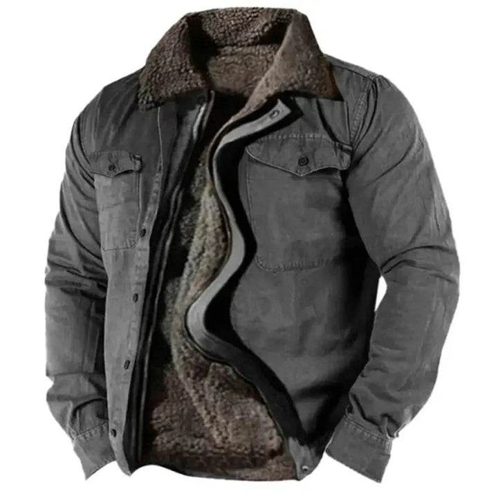 Men's Sherpa-lined Western shirt jacket, dark color. Durable & warm for rugged outdoor adventures and winter layering.