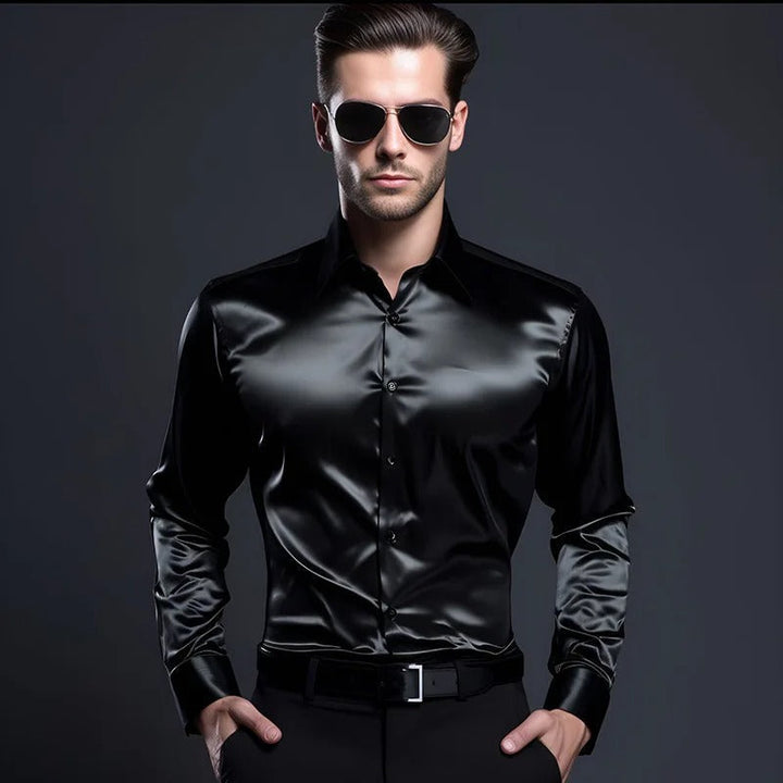 Men's shiny blue dress shirt, perfect for formal events & business wear. Tailored fit, elegant style.