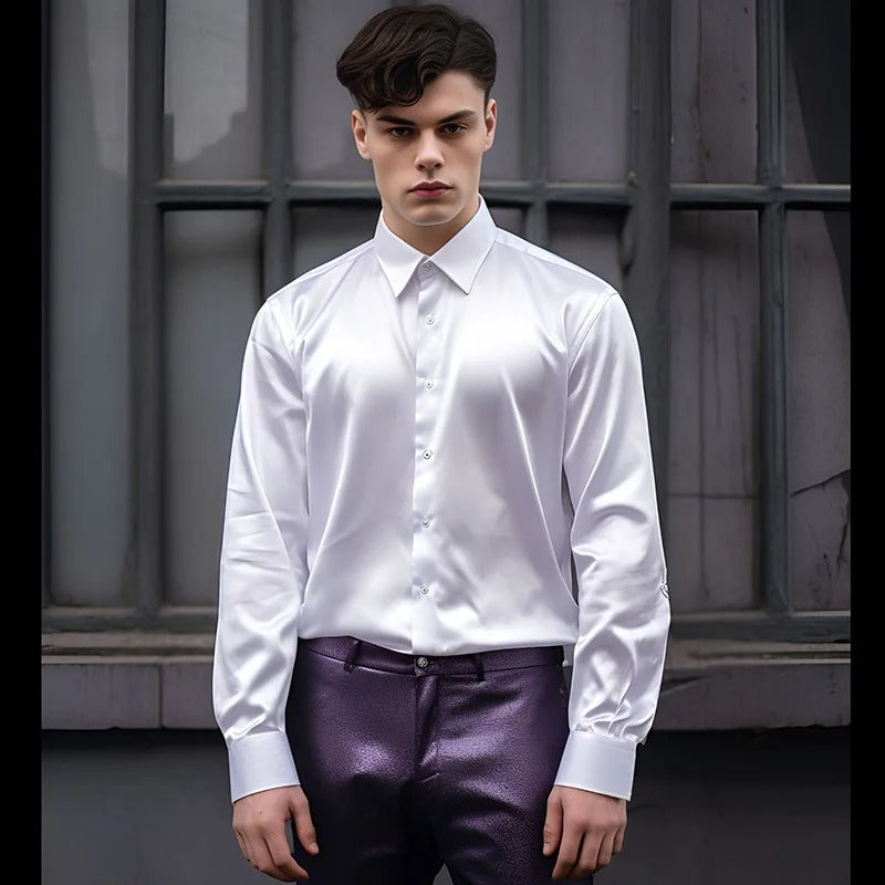 Elegant men's shiny formal dress shirt in black. Ideal for business meetings, weddings & evening events.