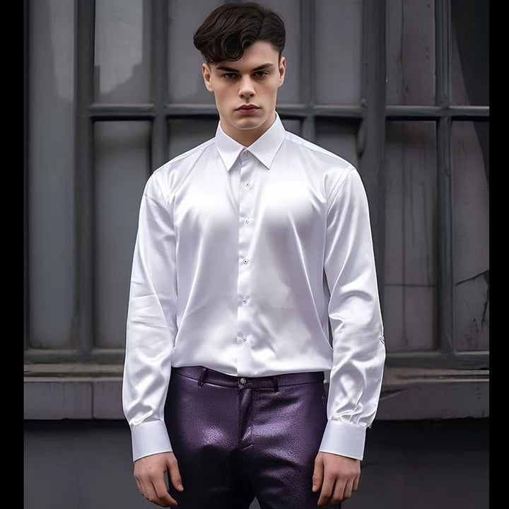 Elegant men's shiny formal dress shirt in black. Ideal for business meetings, weddings & evening events.