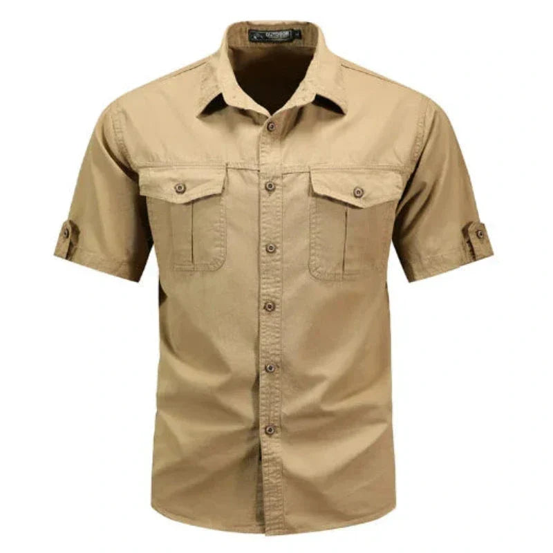 Men's short sleeve cargo shirt in olive green, a versatile utility button-up top for casual wear & outdoor style.