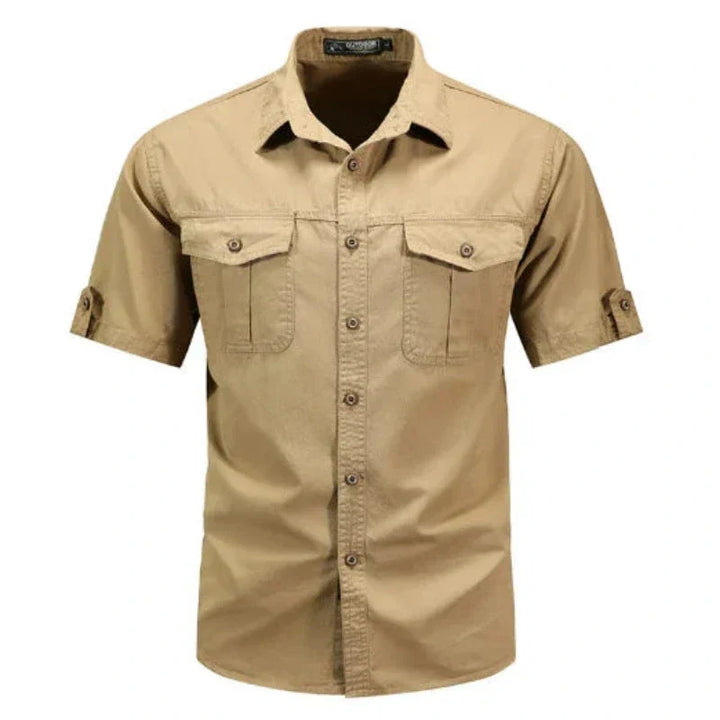 Men's short sleeve cargo shirt in olive green, a versatile utility button-up top for casual wear & outdoor style.