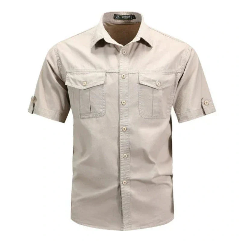 Classic men's short sleeve button-up cargo shirt in a breathable fabric, ideal utility top for summer & outdoor activities.