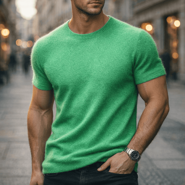 Men's short sleeve crew neck knitted t-shirt. Smart casual men's fashion for effortless everyday wear.
