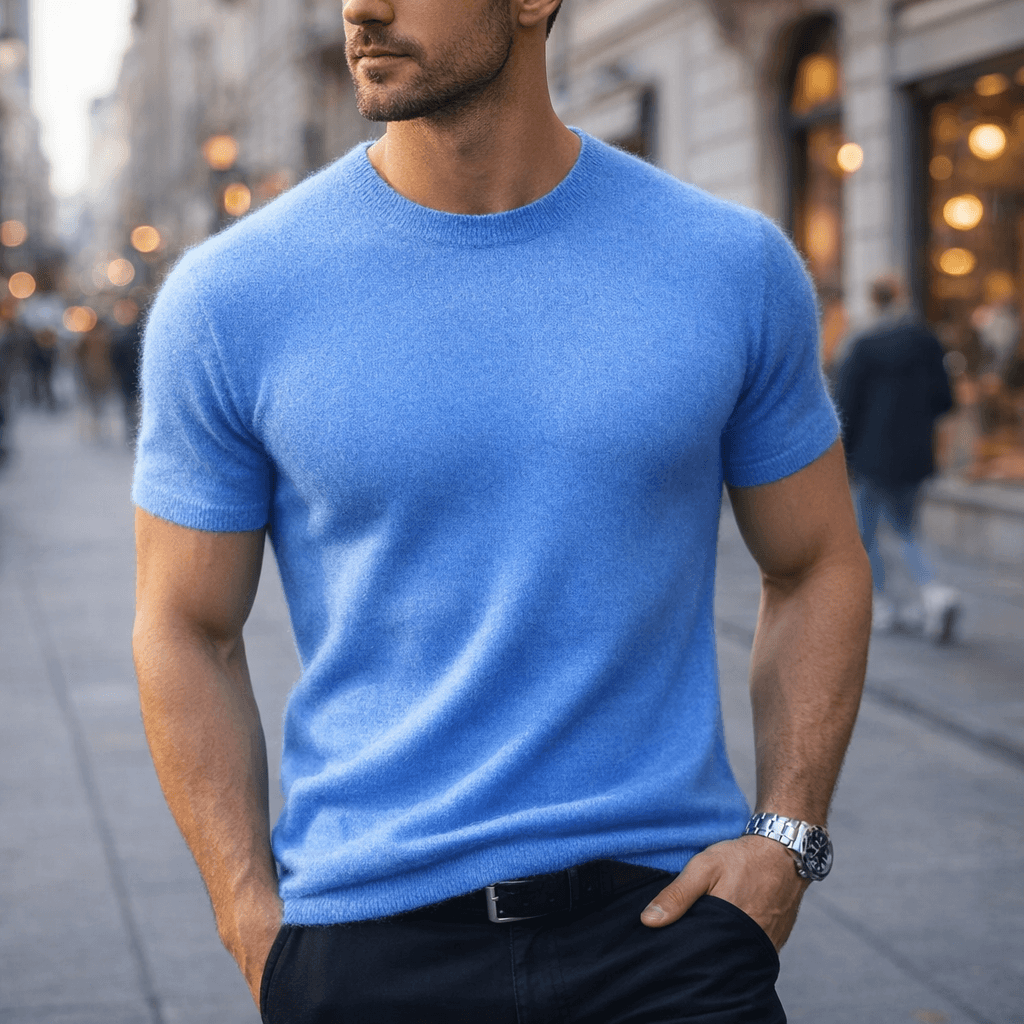Comfortable men's knitted short sleeve crew neck t-shirt, perfect for versatile classic style.