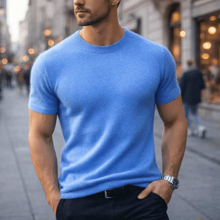 Comfortable men's knitted short sleeve crew neck t-shirt, perfect for versatile classic style.