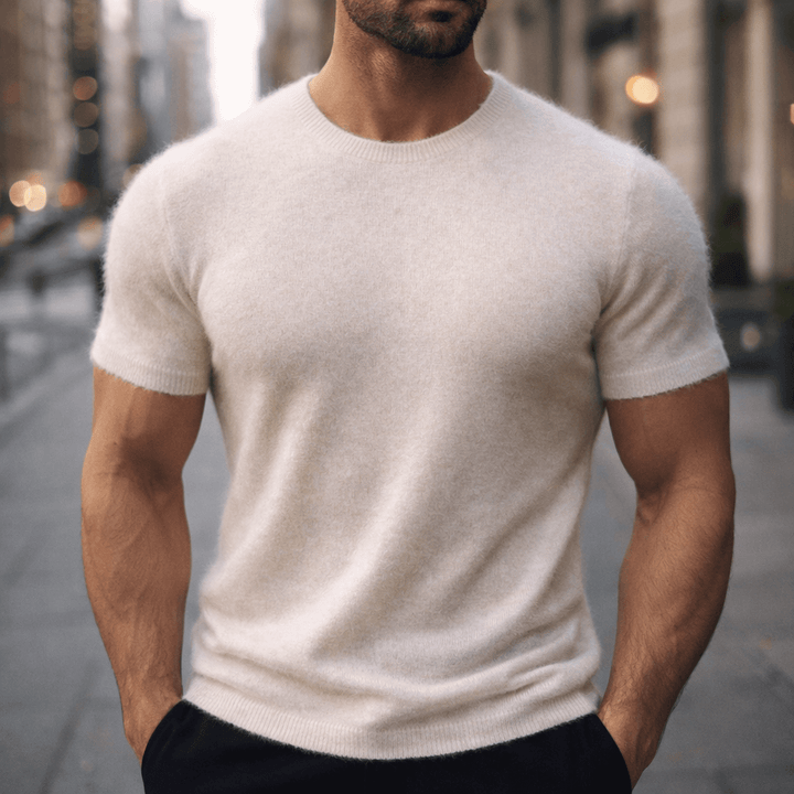 Classic men's knitted short sleeve crew neck t-shirt. Versatile and comfortable for smart casual looks.