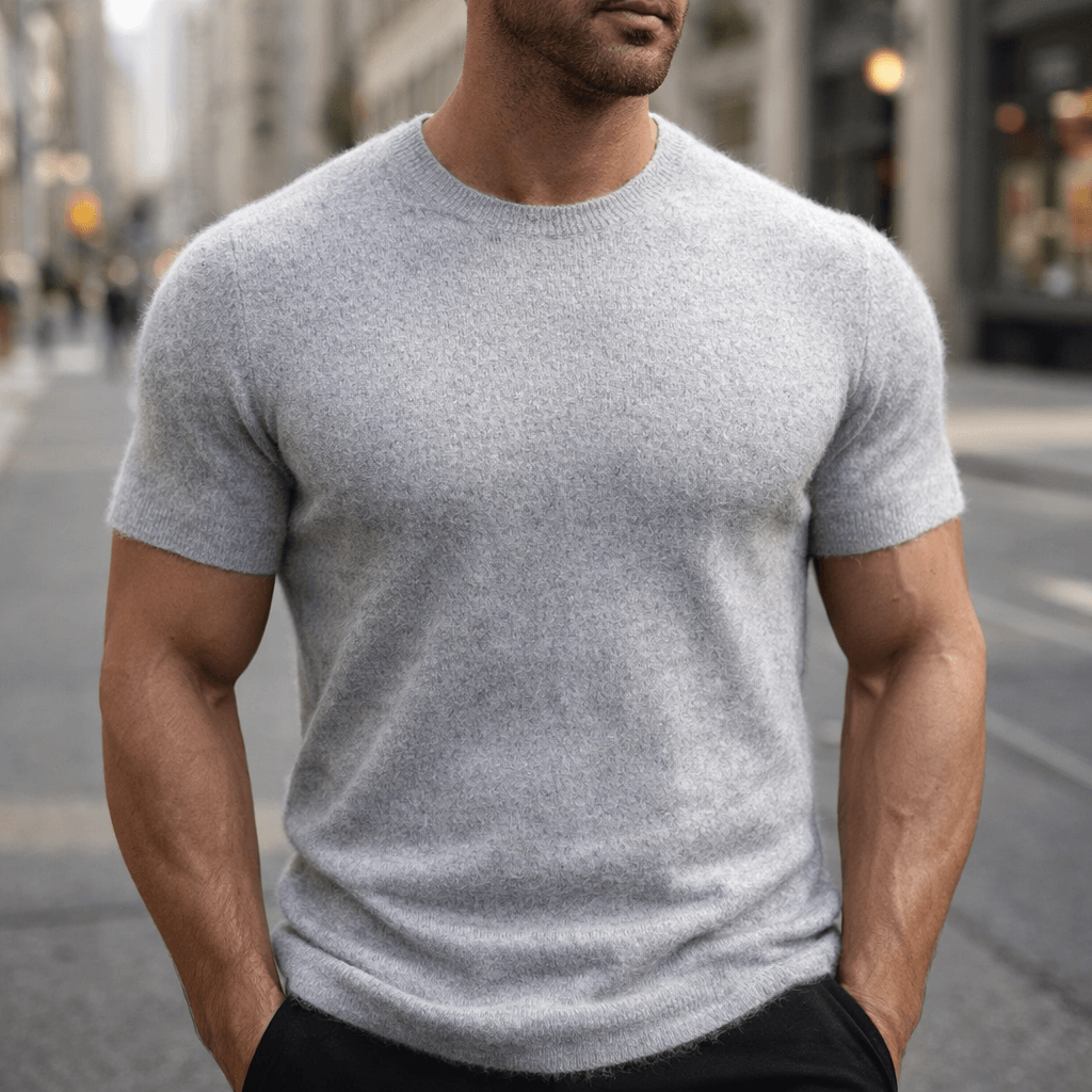 Stylish men's crew neck knitted t-shirt with short sleeves. Ideal for modern smart casual fashion.