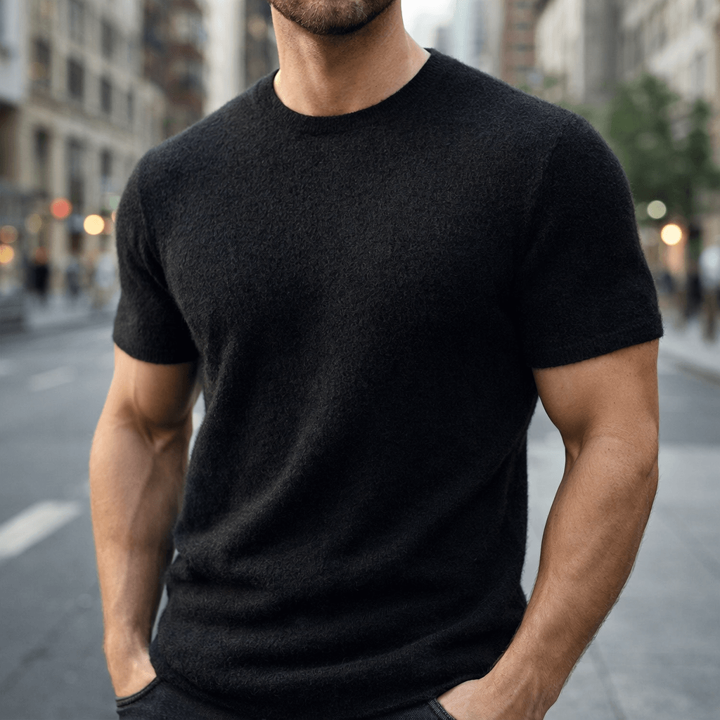 Men's short sleeve knitted t-shirt. Effortless crew neck top for versatile smart casual men's wear.