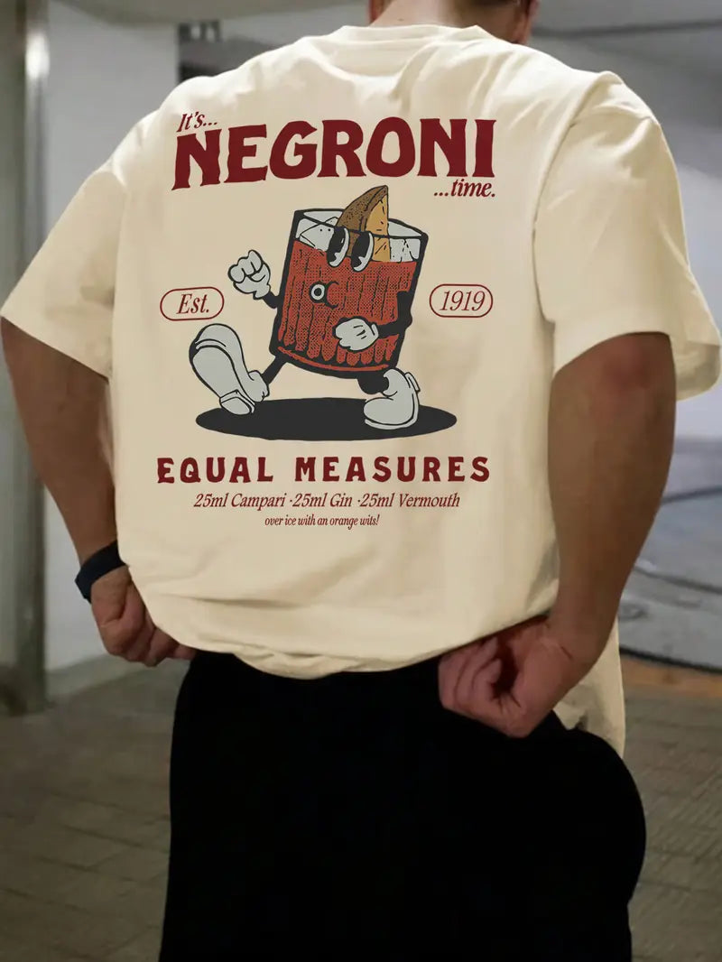 Men's short sleeve graphic t-shirt with a stylish Negroni cocktail print, perfect for casual summer wear.
