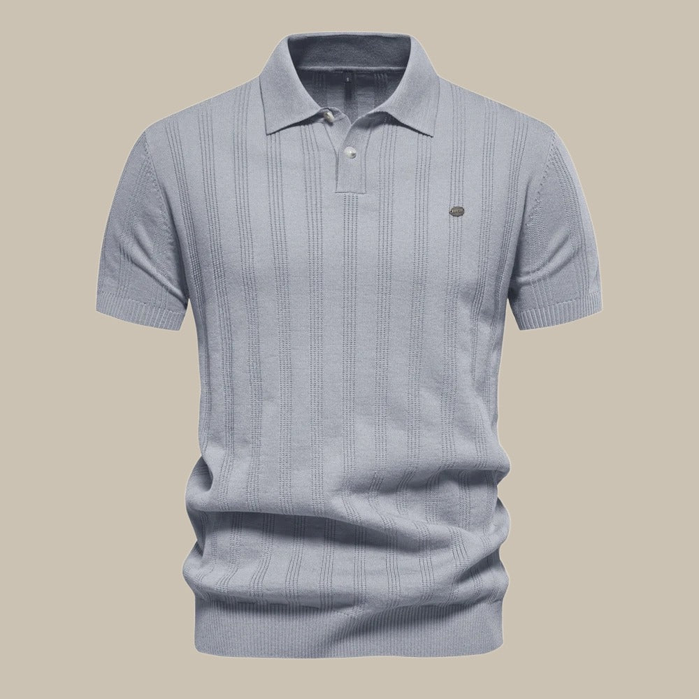 Stylish men's short sleeve knit polo, a classic top for smart-casual events and modern men's fashion.