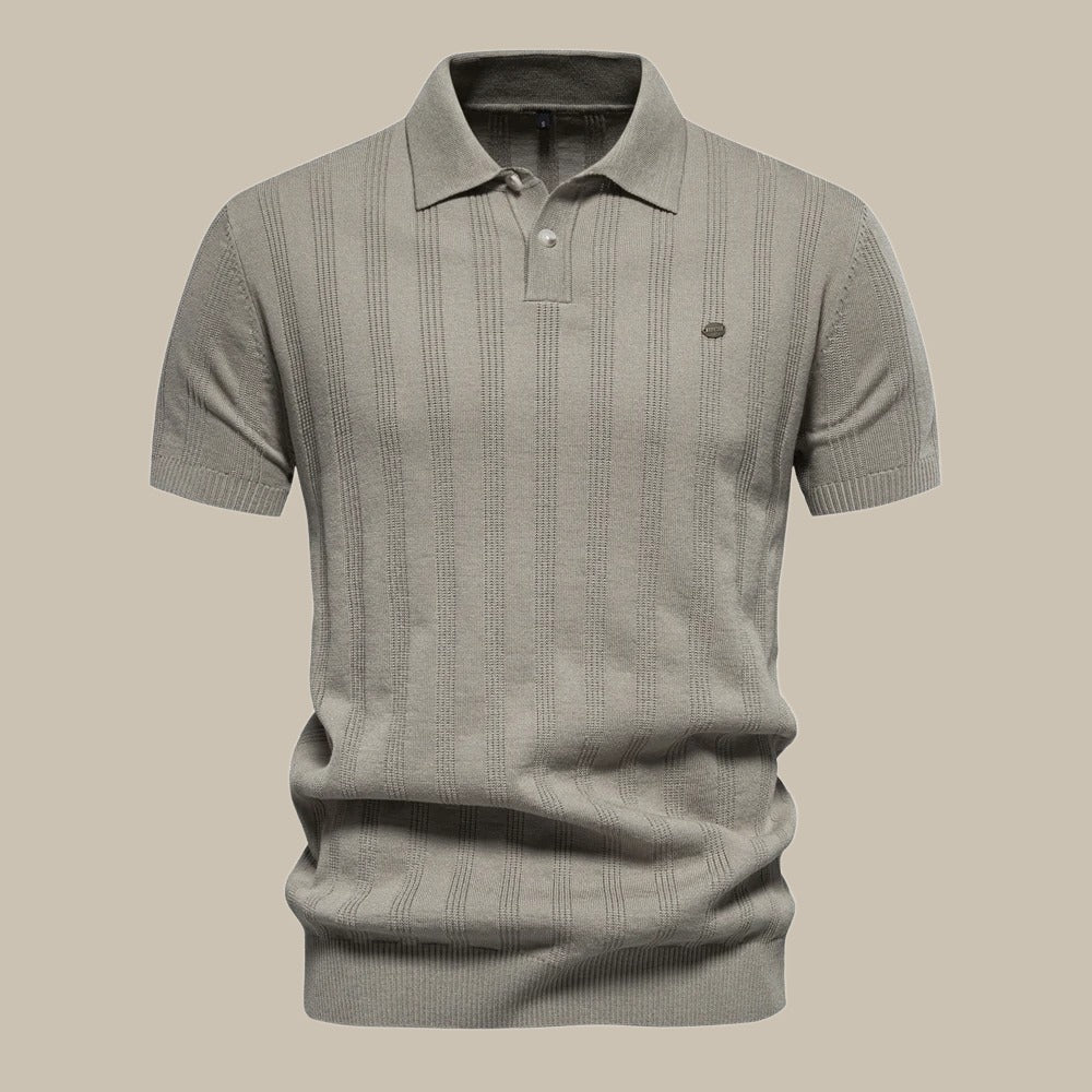 Versatile men's short sleeve knit polo shirt, offering breathable comfort and a timeless smart-casual look.