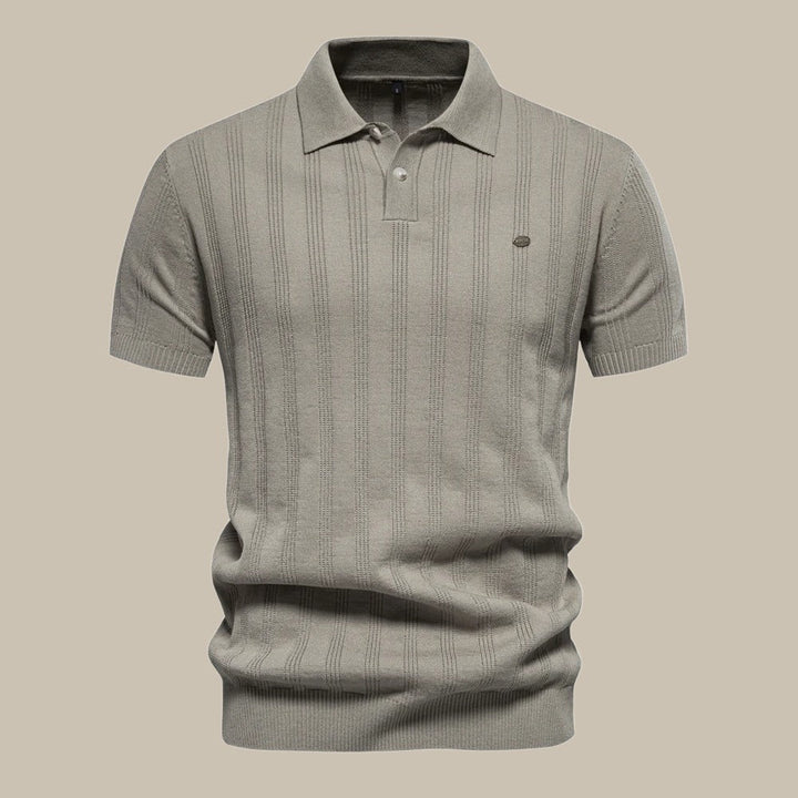 Versatile men's short sleeve knit polo shirt, offering breathable comfort and a timeless smart-casual look.