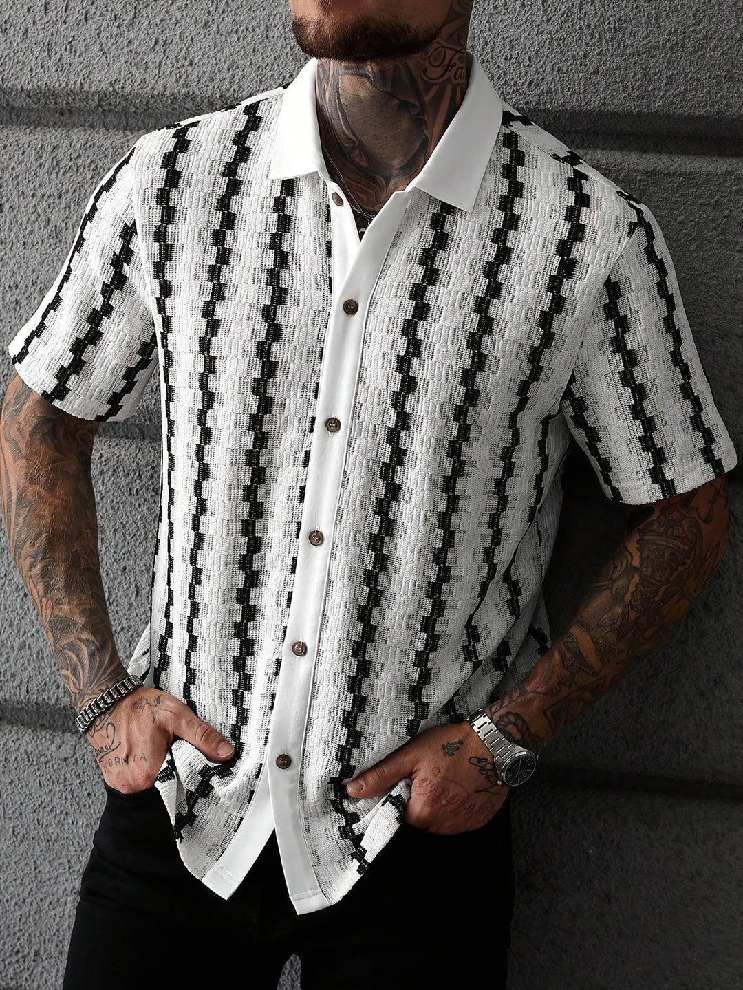 Men's short sleeve striped button-up shirt, perfect for casual summer style and daily wear.