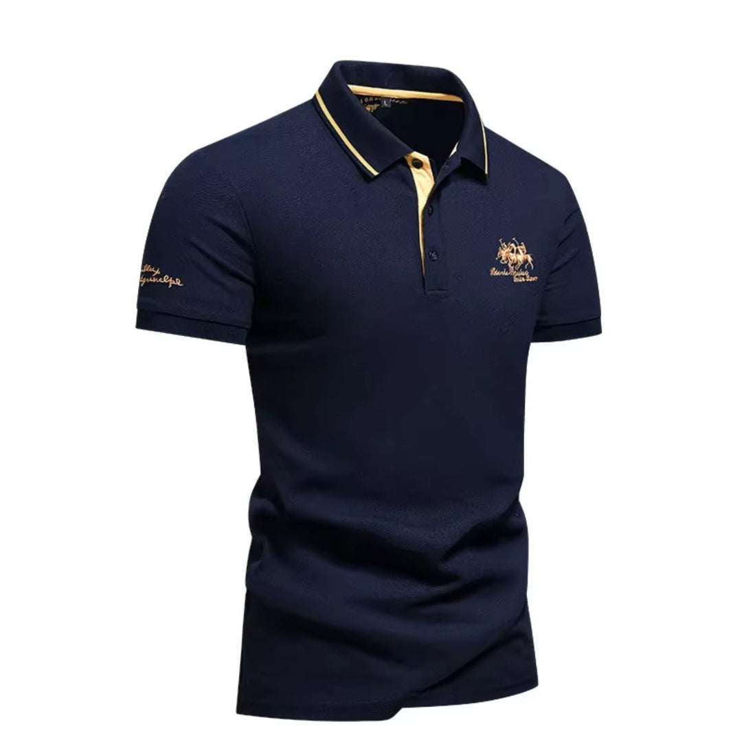 Men's short-sleeve tipped-collar polo shirt, ideal for smart casual style. Features embroidered detail.
