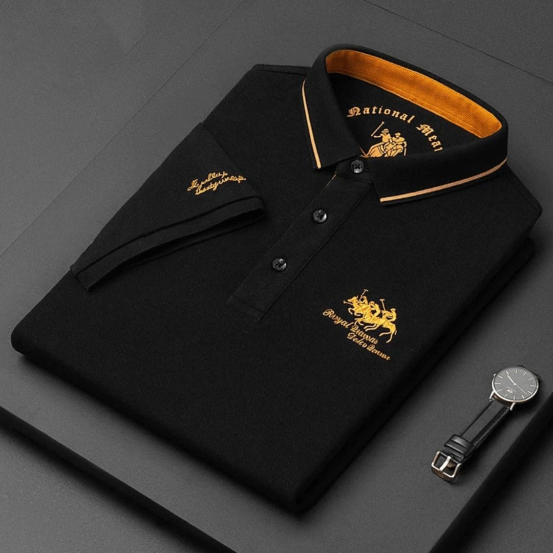 Black men's smart casual short-sleeve polo shirt featuring a distinctive tipped collar and embroidery.
