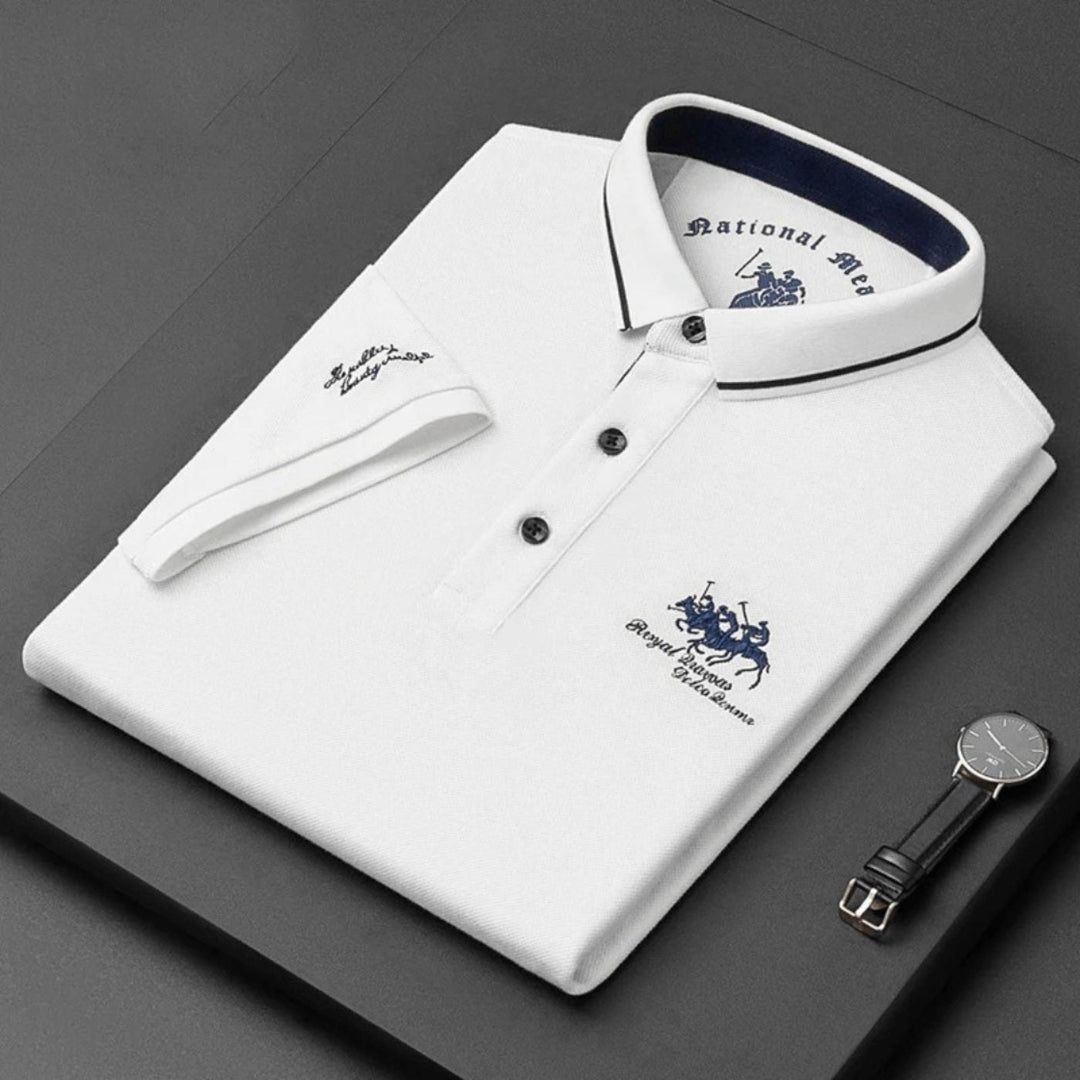 White short-sleeve men's polo top with elegant tipped collar & embroidered logo, versatile smart casual.