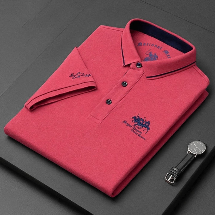 Classic men's short-sleeve polo shirt with an embroidered detail and smart tipped collar, great for golf.