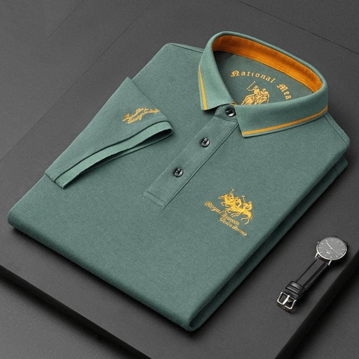 Stylish men's short-sleeve polo shirt, tipped collar, available in blue, black, white, red for smart casual.