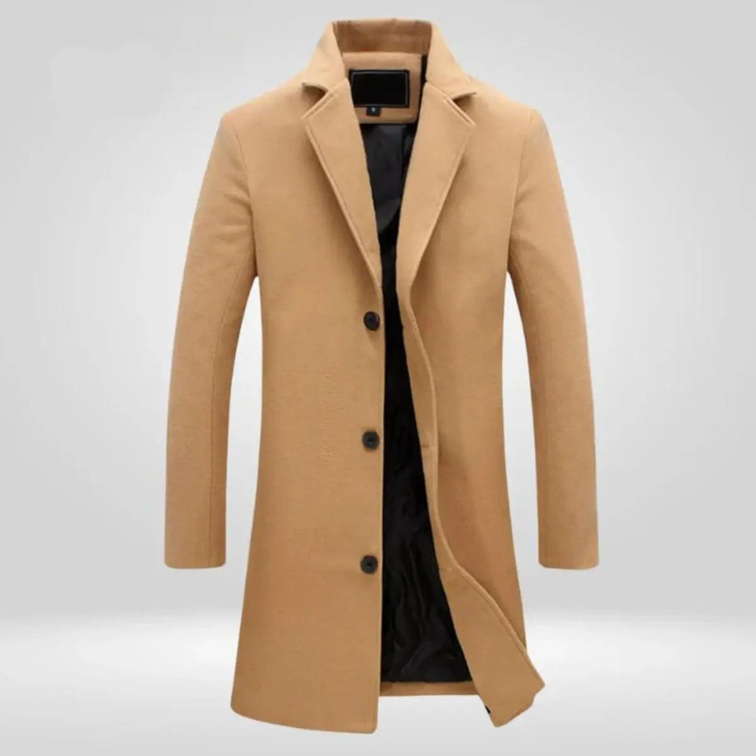 Men's single-breasted long overcoat in dark grey, perfect for sharp winter style and smart outerwear.