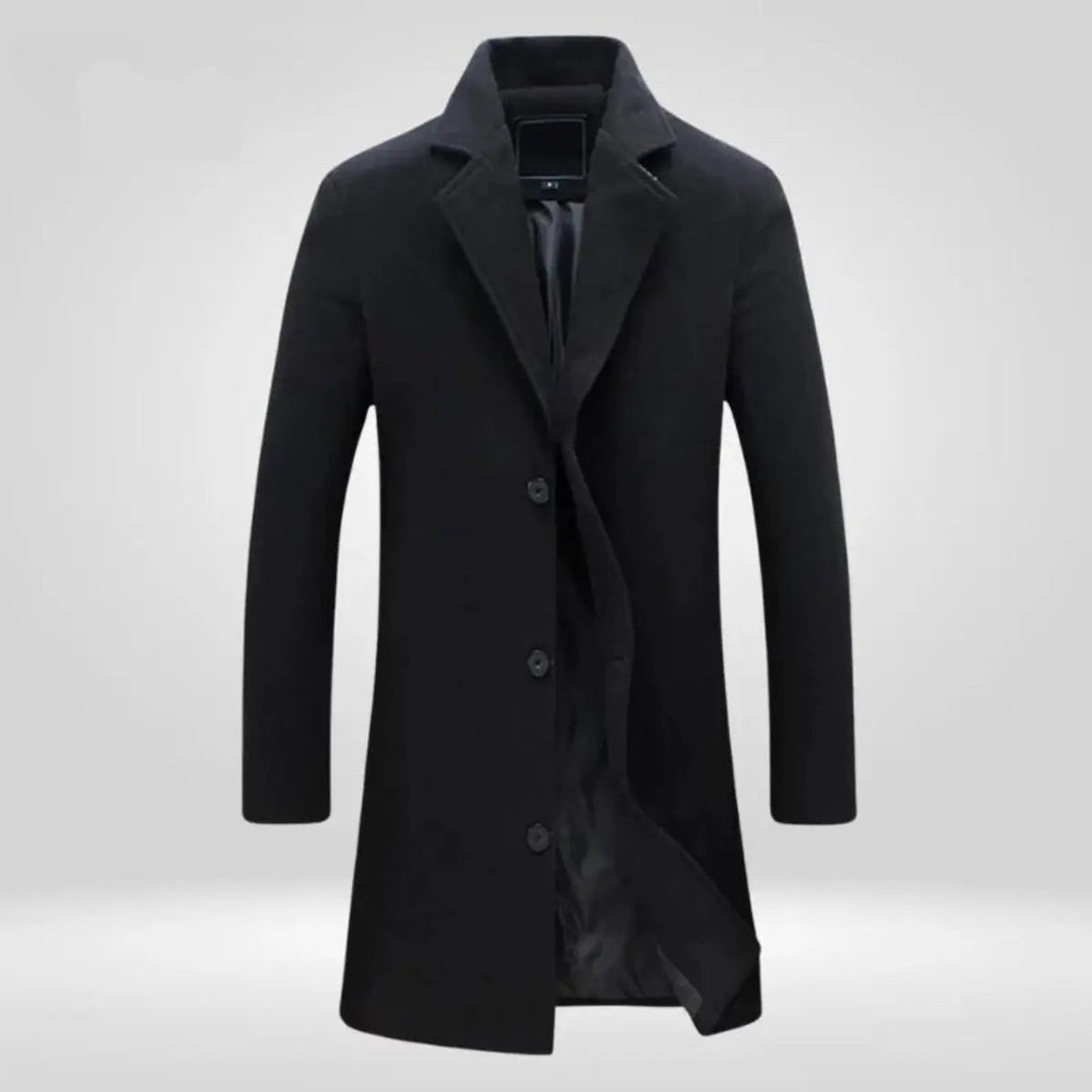 Elegant men's autumn/winter single-breasted overcoat. Long, tailored fit provides warmth and sophisticated style.