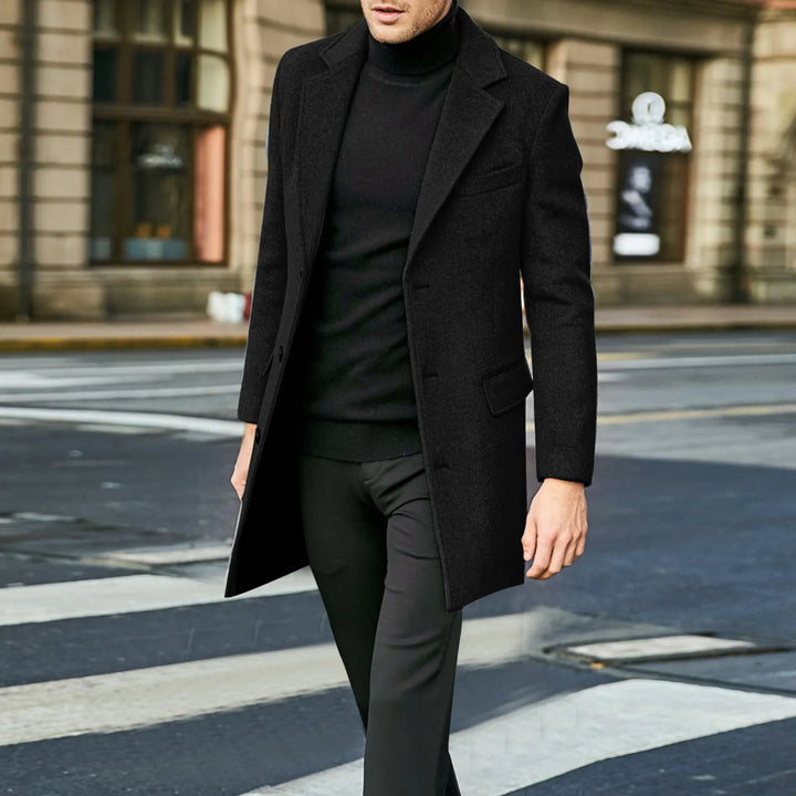 Stylish men's single-breasted long overcoat with notched lapel, versatile for formal or casual winter outfits.