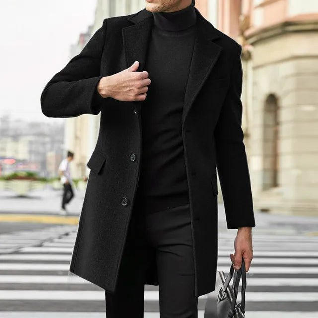 Warm men's winter coat, a single-breasted long overcoat designed for elegance and protection against cold.