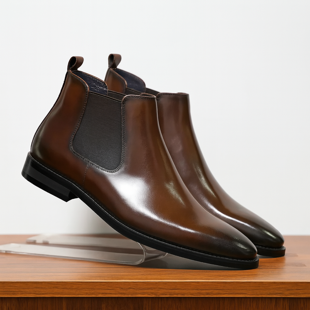 Men's sleek black Chelsea boots, ideal for timeless classic style & comfort. Versatile slip-on ankle dress footwear.