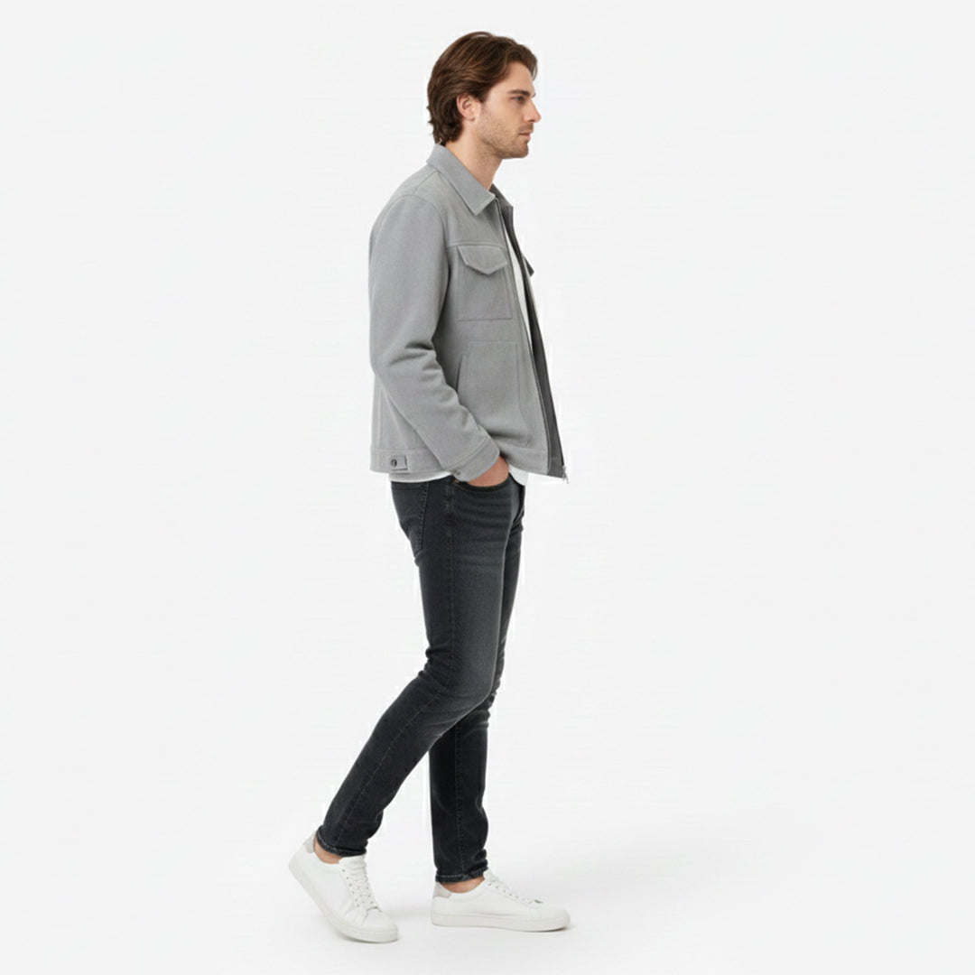 Modern men's grey warm zip jacket, ideal for sleek city style, casual outerwear & winter fashion.
