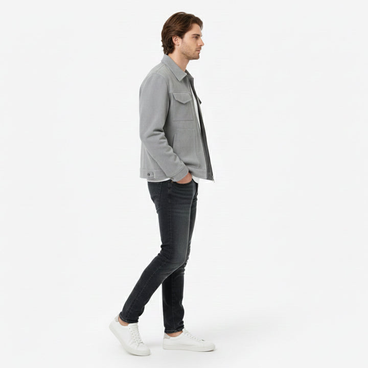 Modern men's grey warm zip jacket, ideal for sleek city style, casual outerwear & winter fashion.