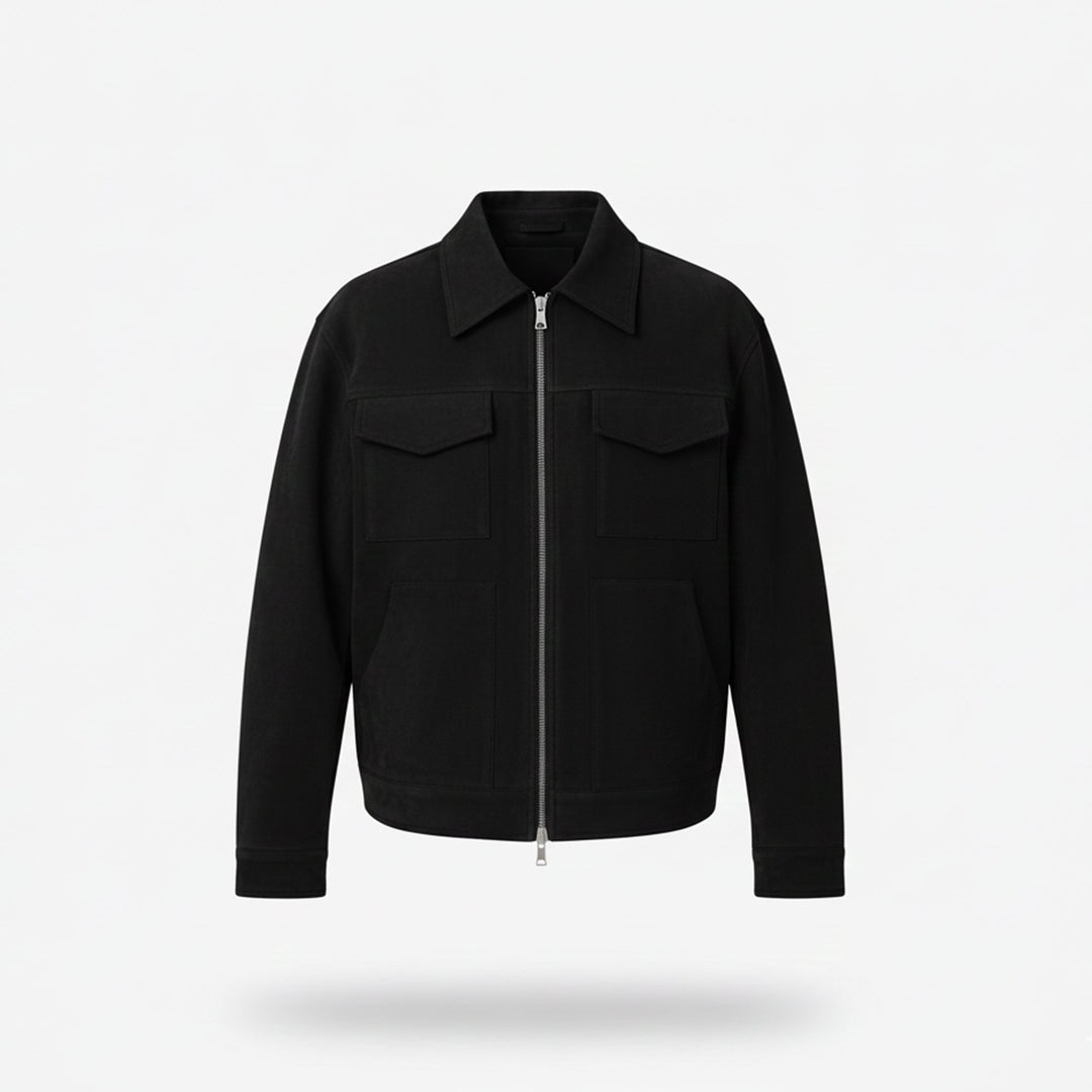 Men's warm zip jacket in black, offering sleek city style and comfortable everyday winter outerwear.