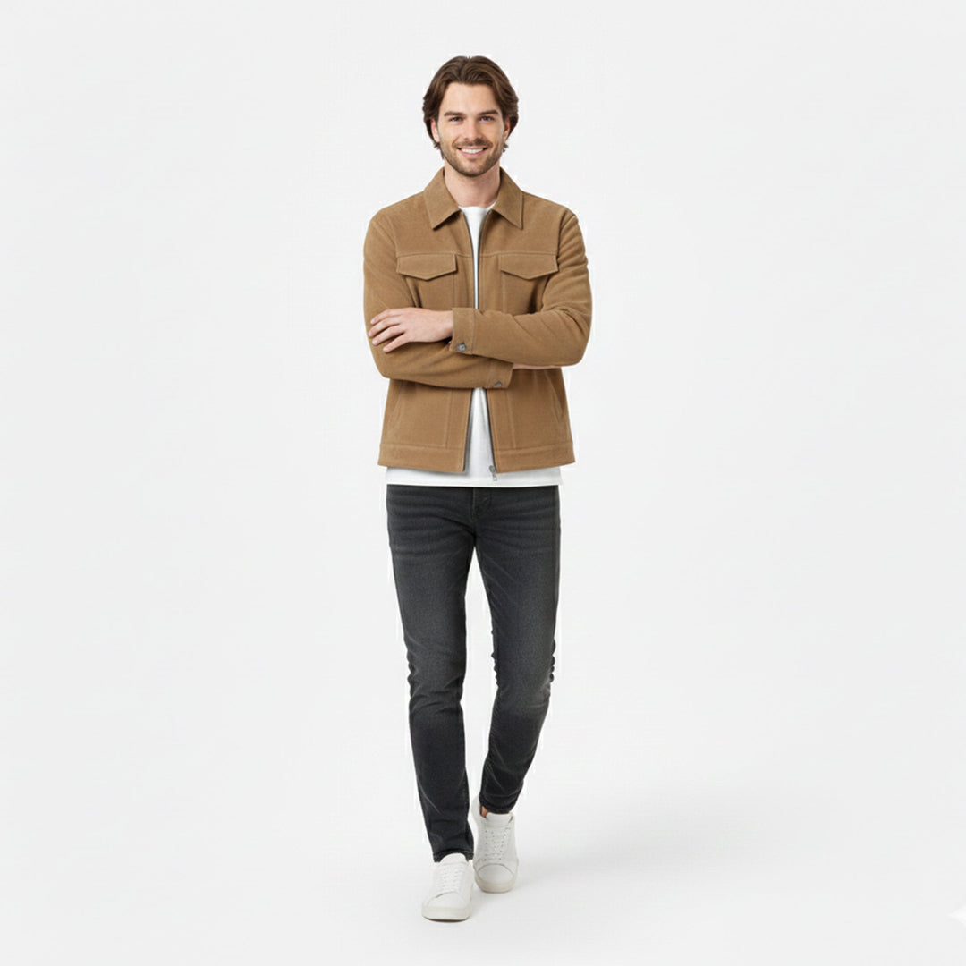 Close-up of men's grey warm zip jacket, highlighting sleek fabric and city-ready casual winter outerwear.